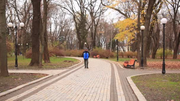 Hombre adulto hace un paseo en el parque de otoño — Vídeo de stock