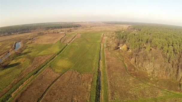 Field river and houses. — Stock Video