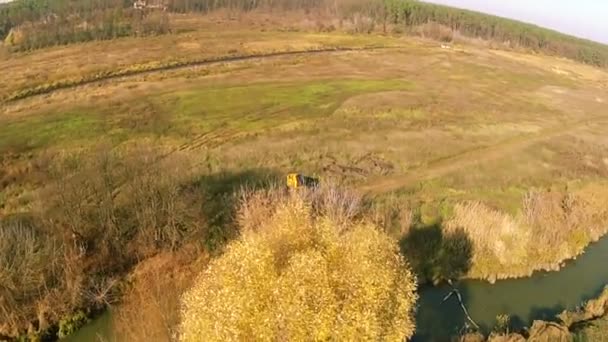 Herfst veld met de rivier. Luchtfoto — Stockvideo