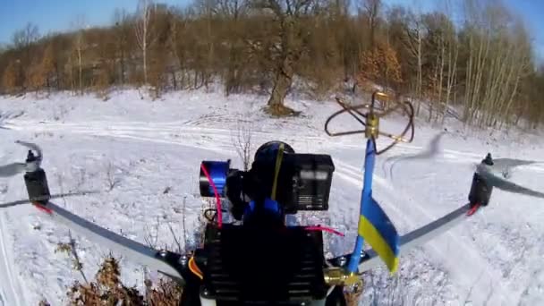 Беспилотник с флагом Украины взлетает над деревом. Летняя зима — стоковое видео