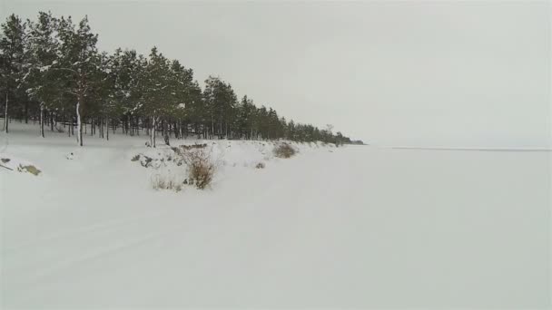 Costa de lago congelado coberto de neve. Aviação — Vídeo de Stock