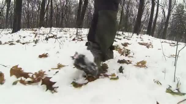 Sneeuw en mannelijke voeten. POV clip — Stockvideo