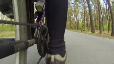 Bisiklet hızlı bir şekilde ahşap bir şekilde gider. POV