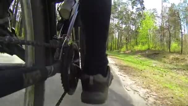 Voeten van fietser draai pedalen. POV clip in lente — Stockvideo