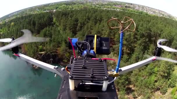 Drone en vuelo sobre el lago y la madera. Clip POV — Vídeos de Stock