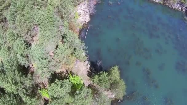 Belo desfiladeiro com lago e madeira. Clipe POV aéreo — Vídeo de Stock