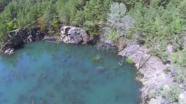 Côte rocheuse du lac avec du bois. Paysage aérien — Video