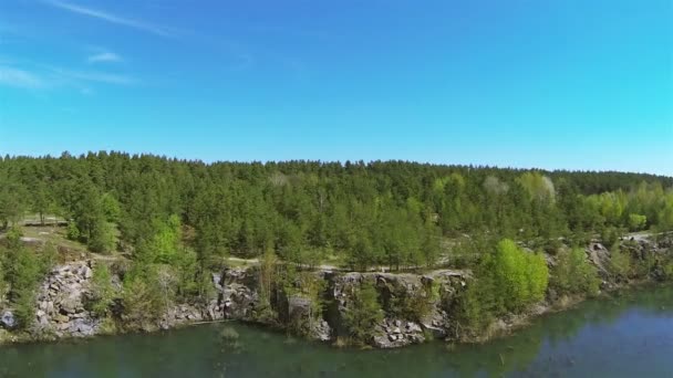 Rocky coast of  lake with  wood. Aerial  fly landscape — Stock Video