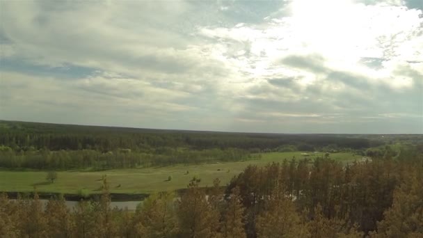 Spring flight  over wood to  river. Aerial — Stock Video