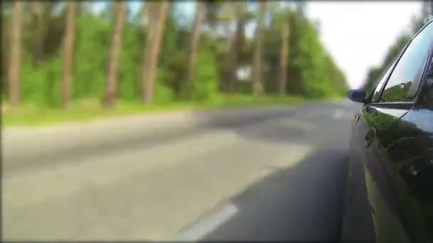 Coche de pasajeros en carretera en madera. Clip POV — Vídeos de Stock