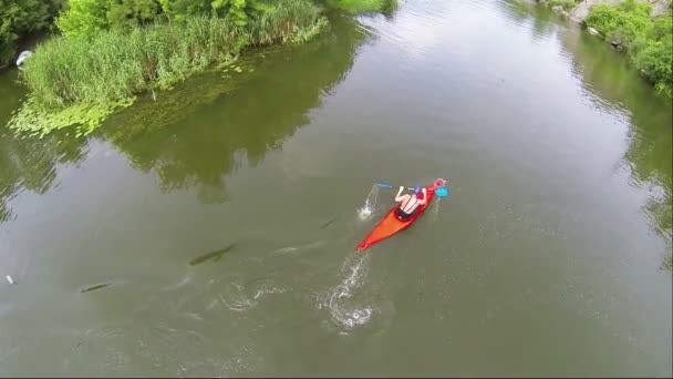 Man paddlare på lugna floden 50 hastighet. Rafting team, antenn. — Stockvideo