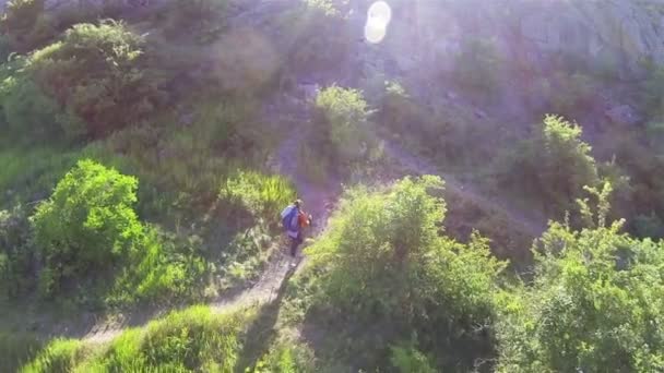 Chica delgada con palos de seguimiento va por la pista de montaña. Antena — Vídeos de Stock