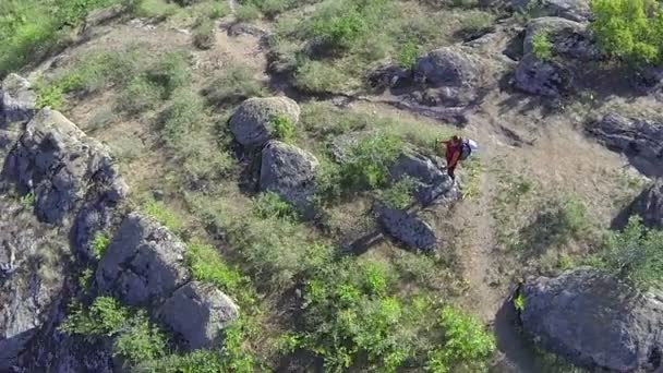 Voar ao redor silhueta do caminhante da menina. Vista aérea superior — Vídeo de Stock