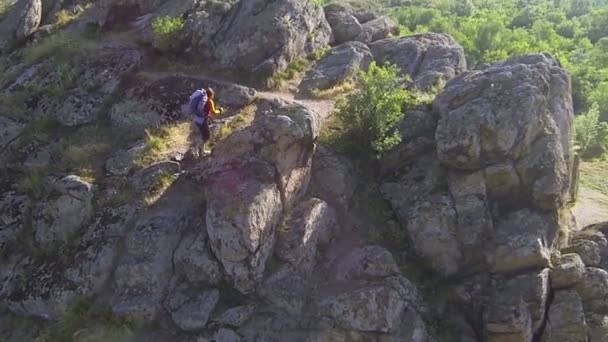 Turysta dziewczyny chodząc na górskie ścieżki. widok z lotu ptaka — Wideo stockowe