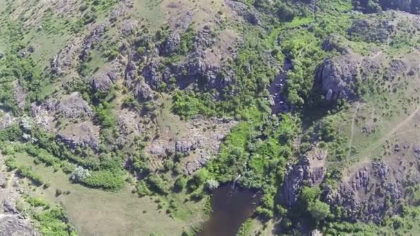 Survolez un joli canyon avec des arbres, une rivière et des rochers. Dessus aérien 