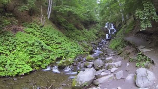 Au-dessus du ruisseau de montagne avec cascade à faible hauteur. Plan aérien 
