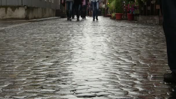 Road from  stone blocks and foot of people. City Lviv in Ukraine . PAL shot — Stock Video