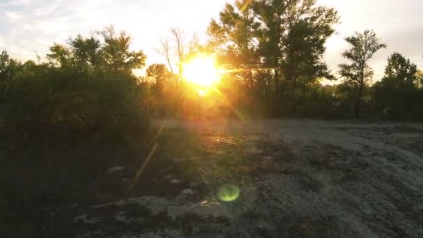 Až po krásné řeky pobřeží v večerní slunce paprsky skrz listy stromů. Antény — Stock video