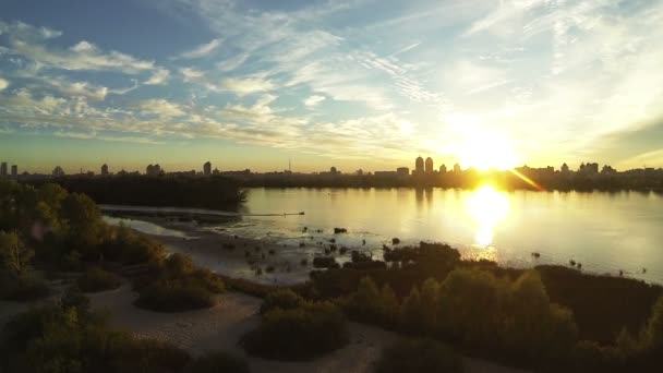 Gold sunset over  river. Aerial landscape — Stock Video