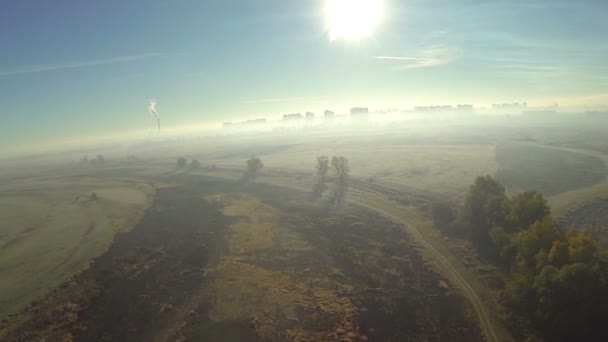 Vuelo POV sobre campo de niebla de la mañana. Disparo aéreo como vista de aves, tiempo de otoño . — Vídeos de Stock