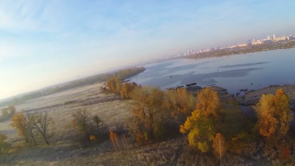 Morgon flyga som fågel över höstens fält och flod på låg höjd. Antenn — Stockvideo