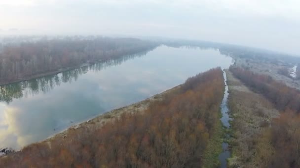 45 seconds Fly like bird  over autumn  river  with  barge boat. Aerial shot — Stock Video
