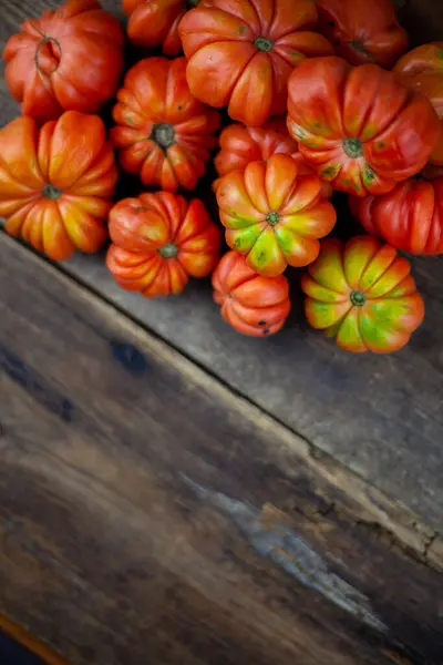 Red Ribbed Tomatoes Wooden Background American Florentine Variety Nina Tomato — Stock Photo, Image