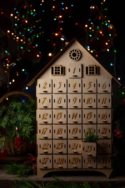 Calendario Adviento Madera Para Esperar Año Nuevo Navidad Caja Con —  Fotos de Stock