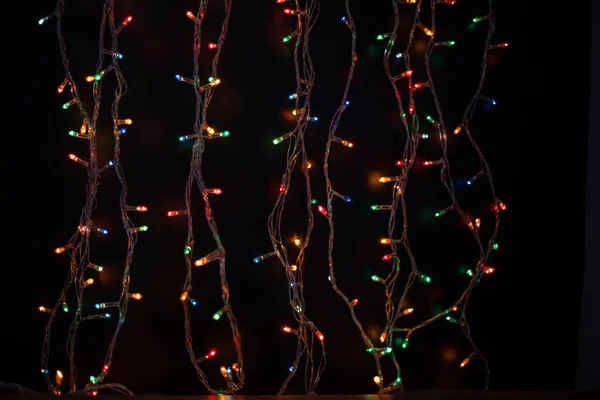 Multicolored Bokeh Black Background Multicolored Lights Christmas Garland Good New — Stock Photo, Image