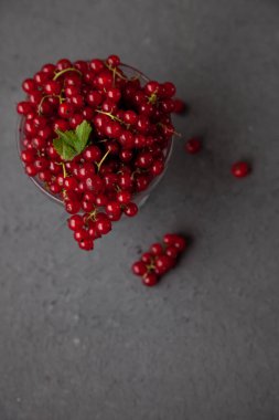 Siyah arka plandaki bir kasede frenk üzümü. Kırmızı dut. Vitamin meyveleri. Boşluğu kopyala.