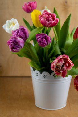 Bouquet of tulips. Flower delivery. Spring background . Tulip Copy space