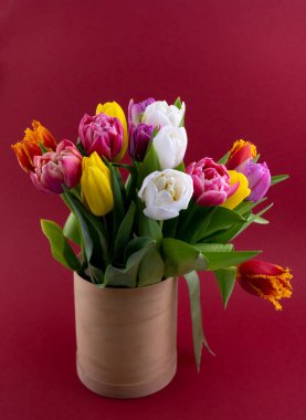 Bouquet of tulips. Flower delivery. Spring background . Tulip Copy space