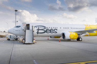 Ukrayna, Kyiv - 19 Mart 2021: Önlüklü Bees Havayolları uçağı. Boeing 737-800 UR-UBA Yolcu uçağı.