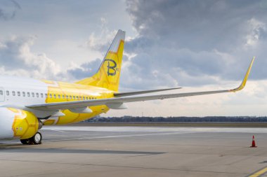 Ukrayna, Kyiv - 19 Mart 2021: Önlüklü Bees Havayolları uçağı. Boeing 737-800 UR-UBA Yolcu uçağı.