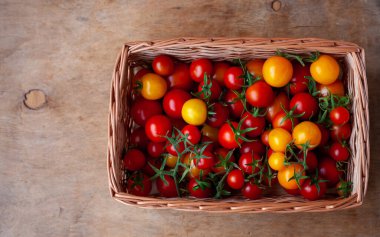 Kırmızı ve sarı kirazlı domates sepeti. Sebze toplayın. Masada domates var. Sağlıklı vitamin yiyeceği. Ahşap arkaplan, kopyalama alanı.