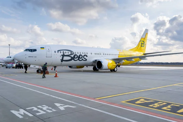 Ukrayna, Kyiv - 19 Mart 2021: Önlüklü Bees Havayolları uçağı. Boeing 737-800 UR-UBA Yolcu uçağı.