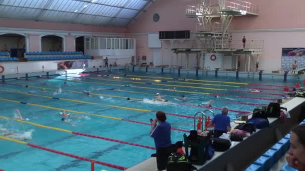 Ucrânia, Kiev - 30 de maio de 2018: Piscina grande pública aberta. Muita gente nada pelos caminhos. As crianças vão para o desporto. Rapazes e raparigas nadam. A treinar. Treinador — Vídeo de Stock