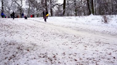 Ukrayna, Kyiv - 15 Ocak 2021: İnsanlar kar tepesinde kayıyor. Kışın karlı bir günde plastik bir kızakla kayan çocuklar. Mutlu bir çocukluk. Dışarıda kar yağıyor. Tatil eğlencesi