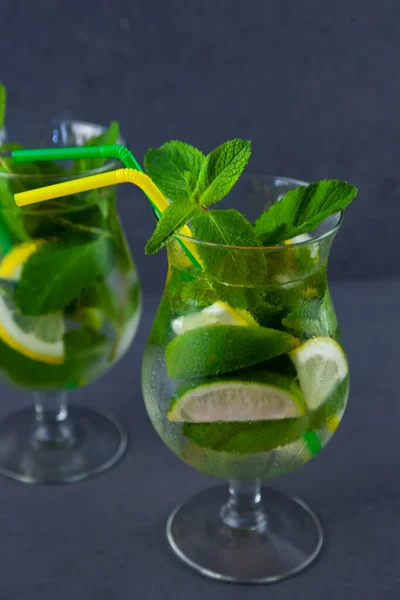 Summer Mint Lime Refreshing Cocktail Mojito Rum Ice Glass Gray — Stock Photo, Image