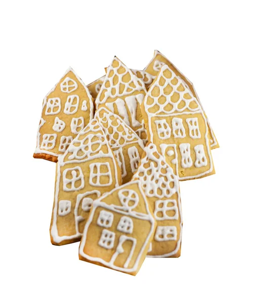 Gingerbread Cookies Isolated White Background Homemade Cakes Form Small Houses — Stock Photo, Image