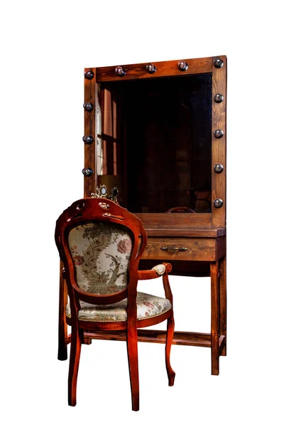 Umkleidekabine Spiegeltisch Isoliert Auf Weißem Hintergrund Stuhl Und Tisch Aus — Stockfoto