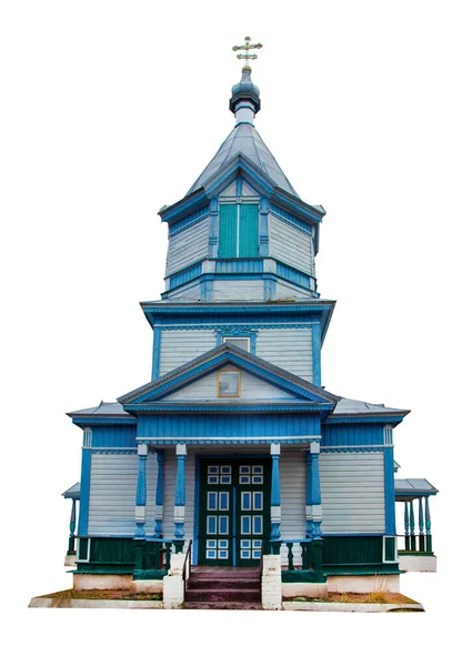 Wooden church isolated on white background. The old chapel is blue. Abandoned chapel house.