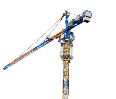 Çekici vinç beyaz arka planda izole edildi. İnşaat alanında ağır yük taşımak için gösterişli vinç.