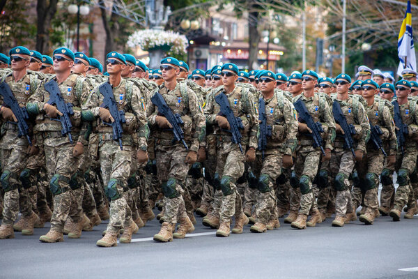 Ukraine, Kyiv - August 18, 2021: Airborne forces. Ukrainian military. There is a detachment of rescuers. Rescuers. The military system is marching in the parade. March of the crowd. Army soldiers.