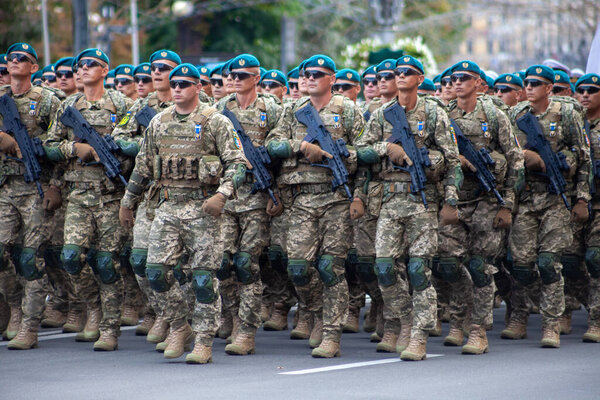 Ukraine, Kyiv - August 18, 2021: Airborne forces. Ukrainian military. There is a detachment of rescuers. Rescuers. The military system is marching in the parade. March of the crowd. Army soldiers.