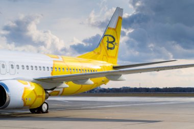 Ukrayna, Kyiv - 19 Mart 2021: Önlüklü Bees Havayolları uçağı. Boeing 737-800 UR-UBA Yolcu uçağı.