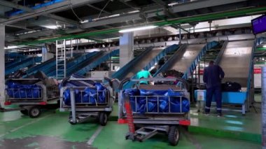 Bavulları sınıflandırıp havaalanına götürüyorum. Bavul otomasyonu. Terminal amirleri ve yük arabaları. Bavulun uçağa giden yolu. Hizmet. Ukrayna, Boryspil - 1 Eylül 2021