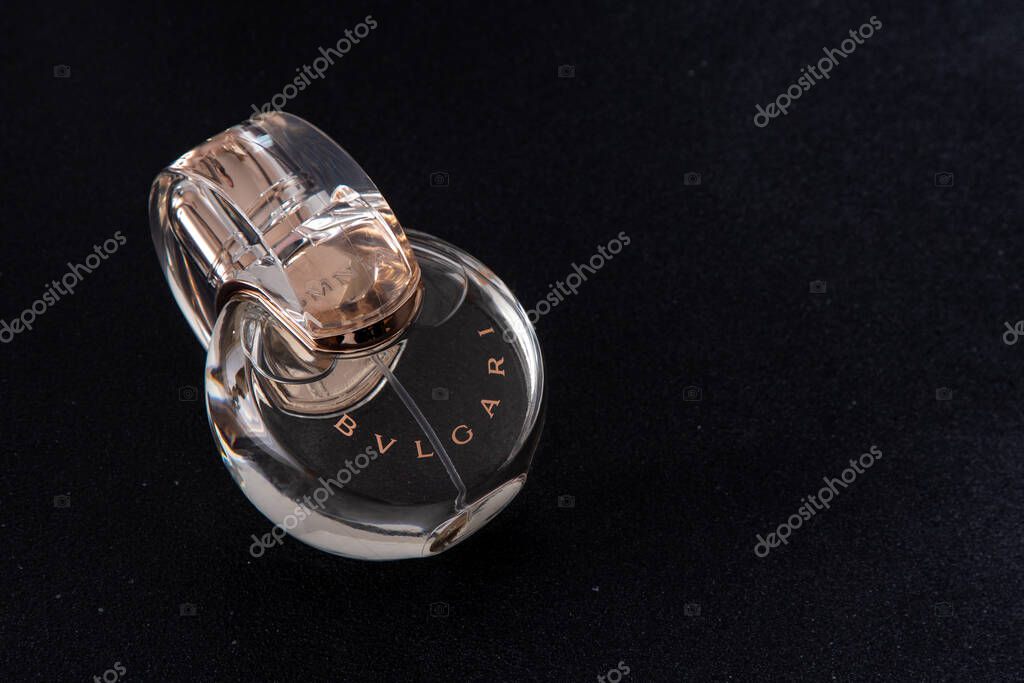 Bvlgari Omnia Crystalline bottle of toilet water. Black background. Italy, Rome - July 16, 2025.