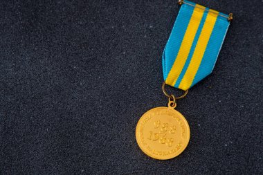 Ukrayna arması ve sarı-mavi kurdelesi olan madalyalı bir şövalye. Ukrayna Ulusal Ordusu 'nun 988-1988 birinci tümeni kopya uzayı. Ukrayna, Kyiv - 4 Ağustos 2025.