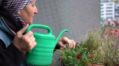 Yaşlı bir kadın yeşil bir sulama kutusundan balkondaki çiçekleri sular. Bir büyükanne saksıdaki çiçeğe bakar. Balkondaki bahçe.